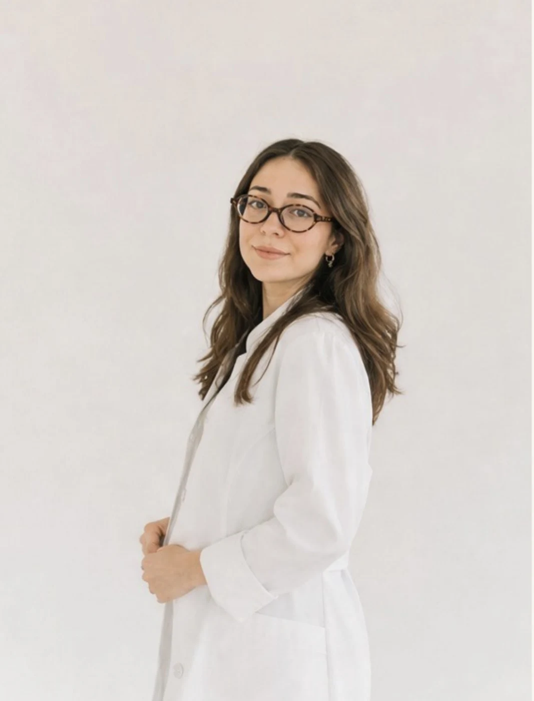 Dr. Dt. Gaye Üstüner, beyaz hekim önlüğüyle